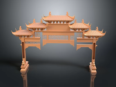 Traditional Chinese Wooden Archway With Multiple Curved Roofs And Carved Details 3d model