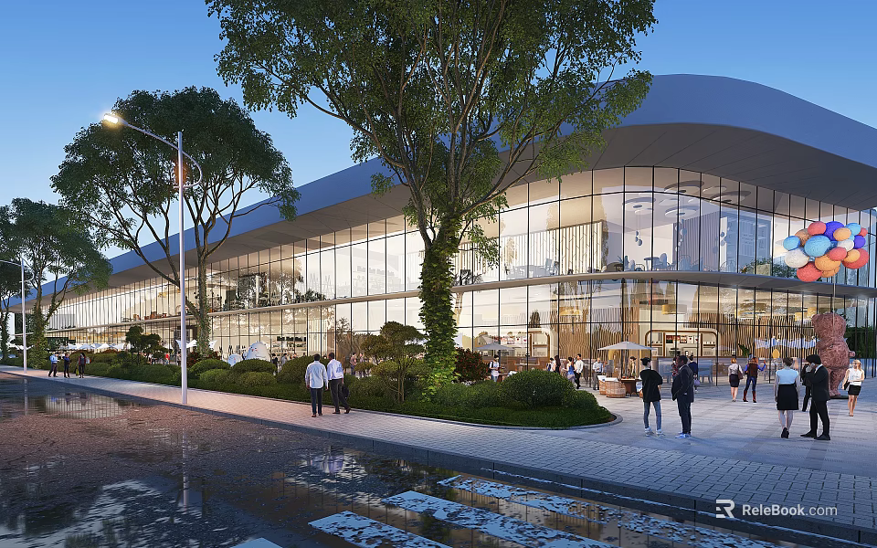 Modern Commercial Street With Glass Facade Trees Pedestrians And Evening Lights 3d model 