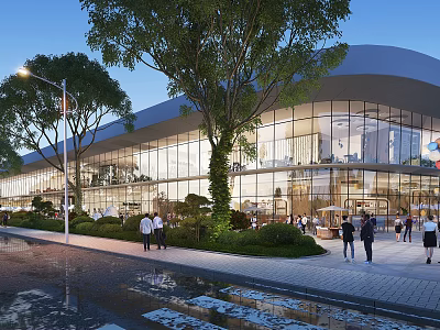 Modern Commercial Street With Glass Facade Trees Pedestrians And Evening Lights 3d model