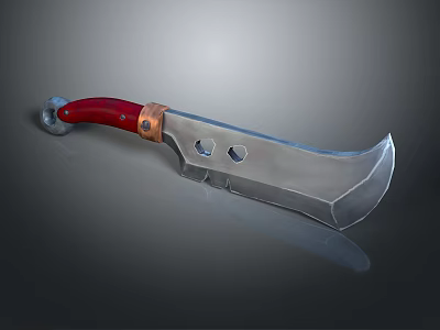 Curved Metal Weapon With Red Handle Copper Accents And Double Holes Design 3d model