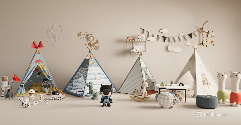 Kids Teepee Play Tents With Dinosaur Toys Stuffed Animals And Cloud Decorations 3d model 