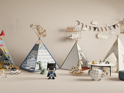 Kids Teepee Play Tents With Dinosaur Toys Stuffed Animals And Cloud Decorations 3d model