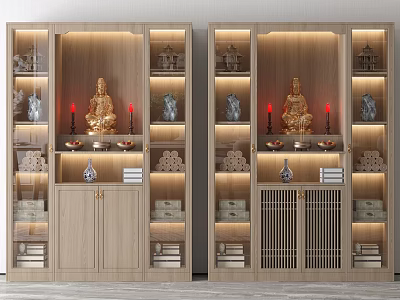 Traditional Chinese Wooden Decorative Cabinets With Buddha Statues Candles Ornaments And Built in Lighting 3d model