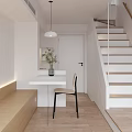 Modern Minimalist Apartment Interior with Wooden Bench Window Blinds Round Side Table and Chair