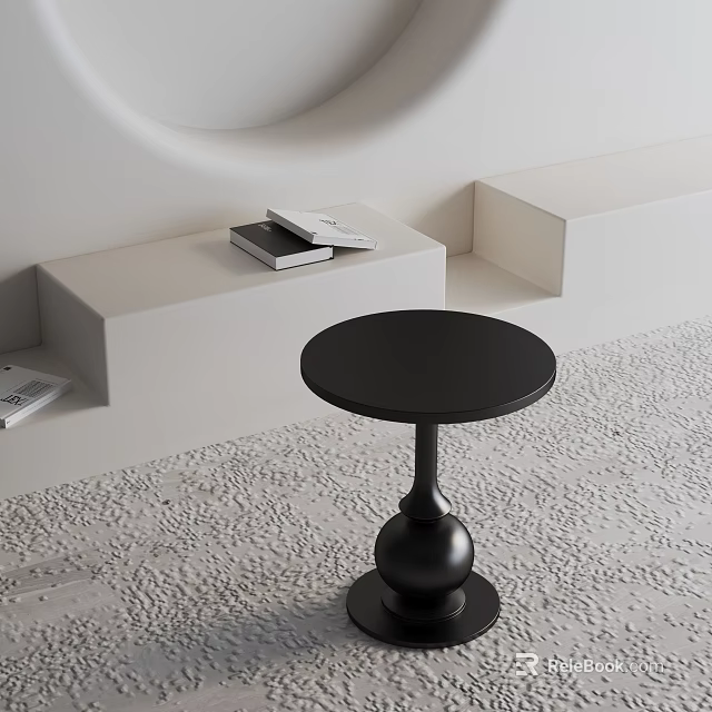 Black Round Side Table with Spherical Base in White Room Near Books on Shelves 3d model 