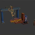 Industrial Gantry Machinery With Mechanical Arm Orange Components And Control Panel