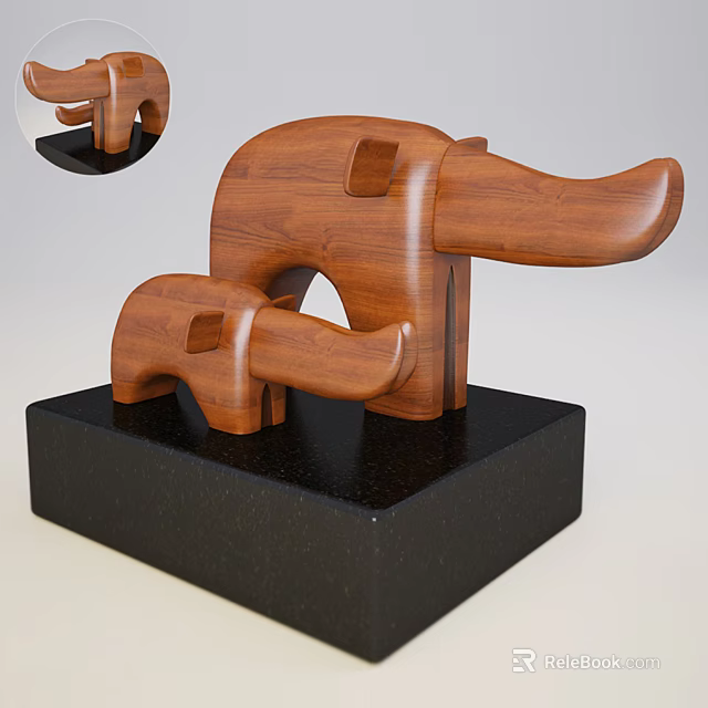 Minimalist Wooden Elephant Decorative Ornament Set With Parent And Baby On Black Base 3d model 