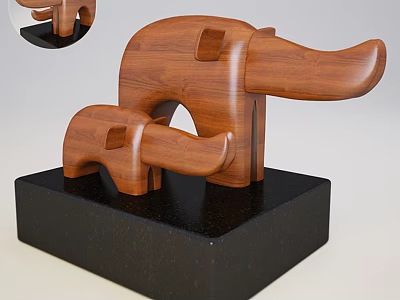 Minimalist Wooden Elephant Decorative Ornament Set With Parent And Baby On Black Base 3d model