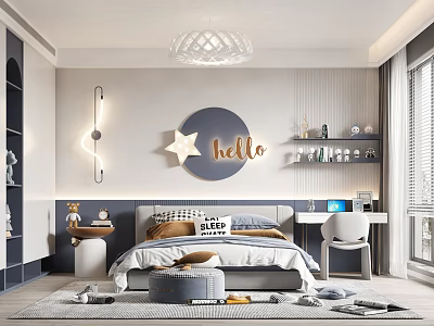 Modern Kids Room Interior With Hello Decor Star Accent Desk And Cozy Bed 3d model