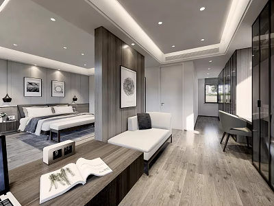 Modern Hotel Guest Room With Comfortable Bed Sofa Decorative Paintings And Wooden Flooring 3d model
