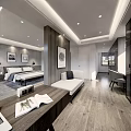 Modern Hotel Guest Room With Comfortable Bed Sofa Decorative Paintings And Wooden Flooring