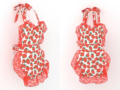 Cute Red And White Strawberry Pattern Aprons With Halter Neck And Lace Trim 3d model
