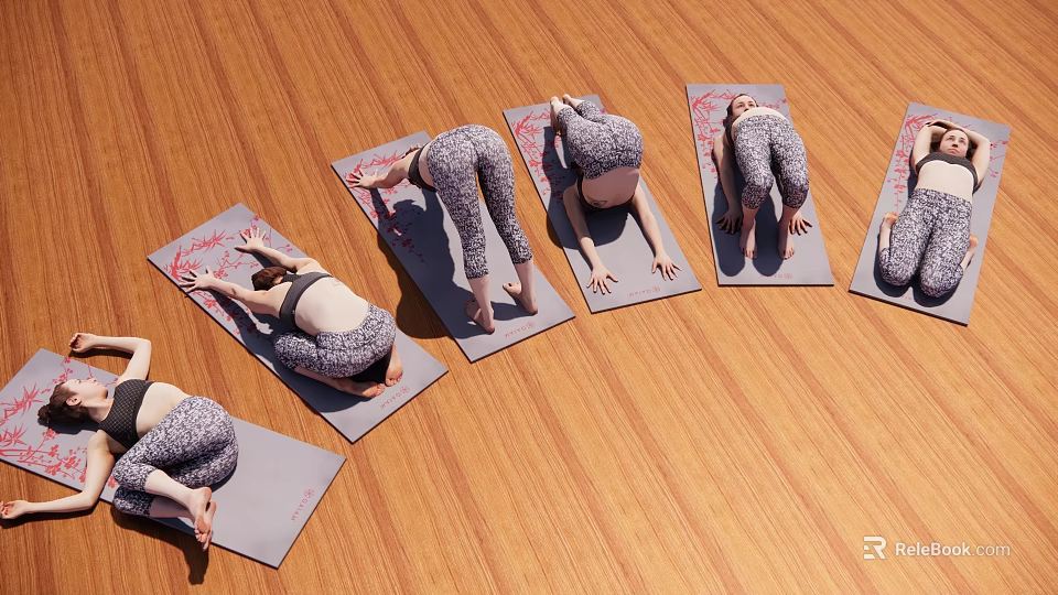 Multiple Women Practicing Yoga Poses On Wooden Floor With Yoga Mats 3d model 