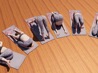 Multiple Women Practicing Yoga Poses On Wooden Floor With Yoga Mats 3d model