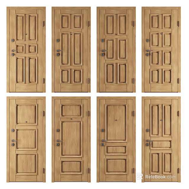 Wooden Hinged Doors With Various Panel Designs For Home Interior 3d model