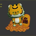 Decorative Ornament Set With Yellow Smiling Tiger Toy And Treasure Ornament On Pile Of Coins