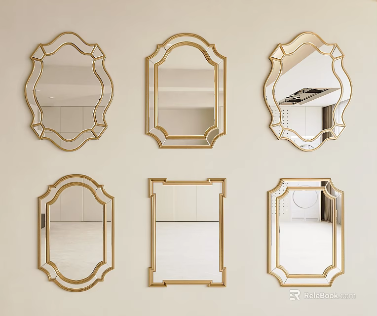 Stylish Golden Frame Mirrors In Various Shapes For Home Wall Decor 3d model 