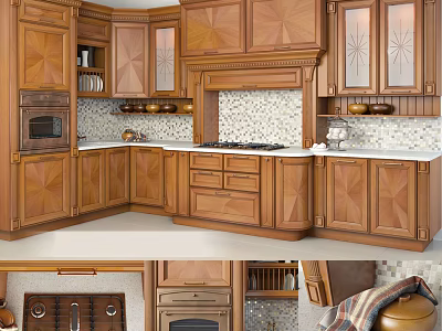 Elegant Traditional Kitchen Interior With Wooden Carved Cabinets And White Countertop 3d model