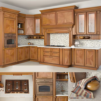 Elegant Traditional Kitchen Interior With Wooden Carved Cabinets And White Countertop 3d model