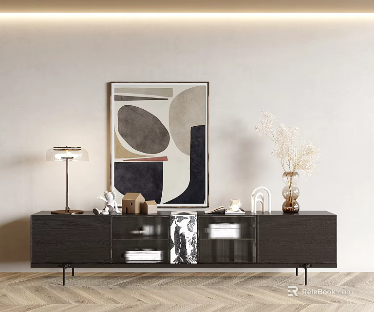 Modern Dark TV Stand Featuring Table Lamp Vase Dried Flowers and Abstract Painting 3d model 