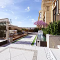 Garden Landscape Design With Patio Dining Table Purple Flowering Tree And Water Feature