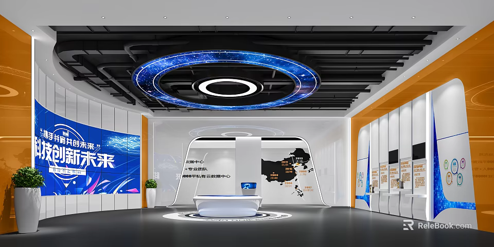 Futuristic Exhibition Hall With Circular Blue Lighting Ceiling White Reception Desk And China Map Backdrop 3d model 