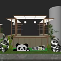 Commercial Street Decorative Display With Panda Dolls Bamboo Plants Chairs Wooden Crate And Grass Lawn