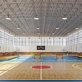 Spacious Basketball Gymnasium With Multiple Courts Wooden Flooring Blue Red Areas Windows And Ceiling Lights