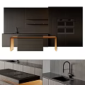 Contemporary Dark Wood Kitchen With Gold Accent Island And Built In Ovens
