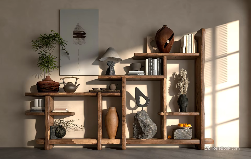 Natural Wooden Shelving Unit With Books Vases Plants And Decorative Items 3d model 
