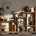 Natural Wooden Shelving Unit With Books Vases Plants And Decorative Items