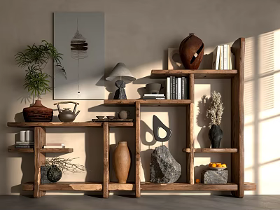 Natural Wooden Shelving Unit With Books Vases Plants And Decorative Items 3d model