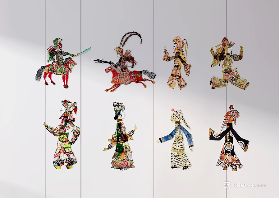 Colorful Traditional Chinese Shadow Puppets With Intricate Character Costumes And Designs 3d model 