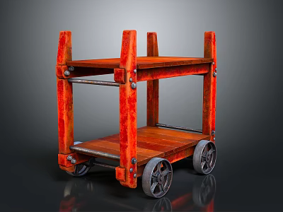 Red Wooden Two Tier Rolling Cart With Metal Wheels And Shelves 3d model