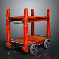 Red Wooden Two Tier Rolling Cart With Metal Wheels And Shelves