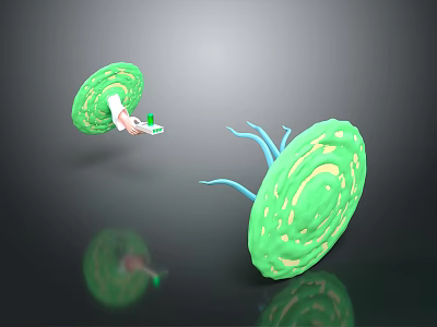 Scenic Green Aquatic Scene With Two Forms Blue Tentacles And Dark Reflections 3d model