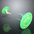 Scenic Green Aquatic Scene With Two Forms Blue Tentacles And Dark Reflections