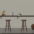 Wooden Bar Counter with Two Stools Box Cup Small Plant and Clay Pots in Simple Beige Interior