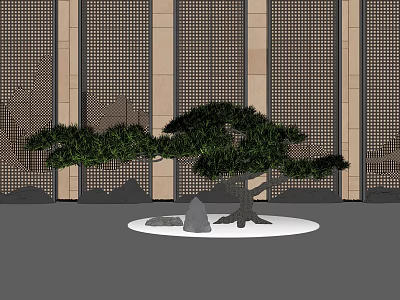 Elegant Garden Ornament With Styled Pine Tree Stones And Round Base On Lattice Wall Background 3d model