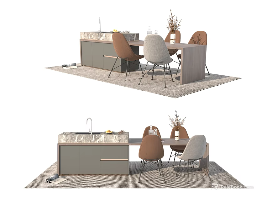 Modern Kitchen Dining Table Set With Gray Cabinet Marble Top And Brown White Chairs 3d model 
