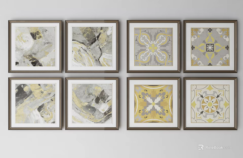 Framed Abstract Paintings With Geometric Marble Patterns In Yellow Gray Tones 3d model