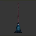 Practical Household Broom With Red Curved Handle And Blue Bristle Design