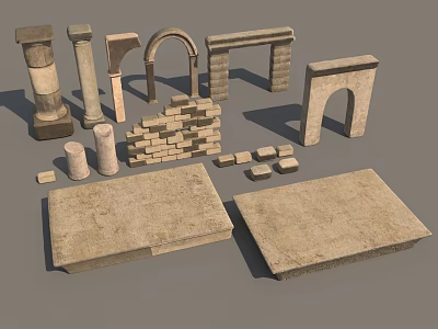 Collection Of Stone Architectural Elements Including Columns Arches Bricks And Slabs 3d model