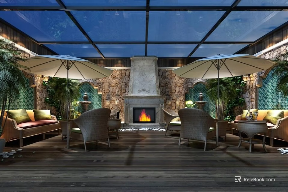 Luxurious Villa Balcony With Stone Fireplace Outdoor Seating Umbrellas And Green Plants 3d model 