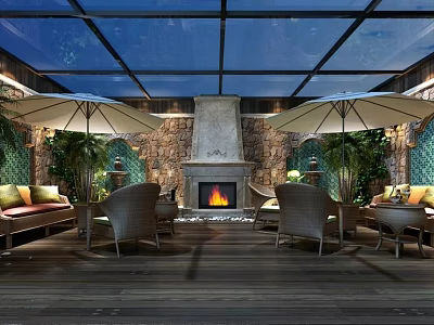 Luxurious Villa Balcony With Stone Fireplace Outdoor Seating Umbrellas And Green Plants 3d model