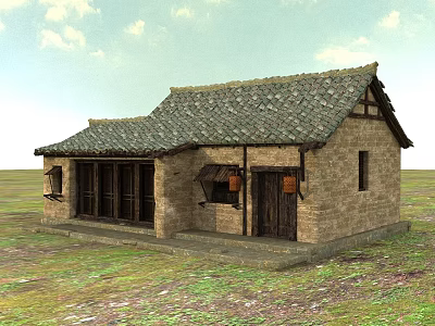 Traditional Ancient Chinese Building with Tiled Roof Wooden Doors and Brick Walls 3d model