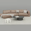 Brown Sectional Sofa With Throw Pillows And Round Black Coffee Table On Light Rug 3d model