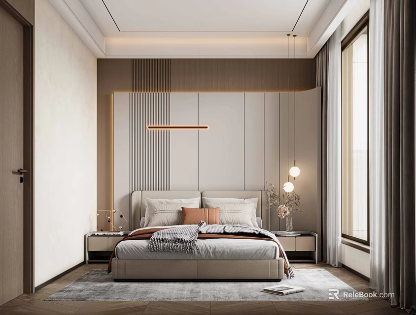 Modern Bedroom Interior Design With Platform Bed Upholstered Headboard Nightstands And Linear Pendant Light 3d model 