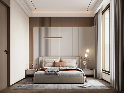 Modern Bedroom Interior Design With Platform Bed Upholstered Headboard Nightstands And Linear Pendant Light 3d model