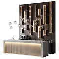 Modern Bar Interior Design With Illuminated Vertical Panels Round Pendant Lights And Wine Bottle